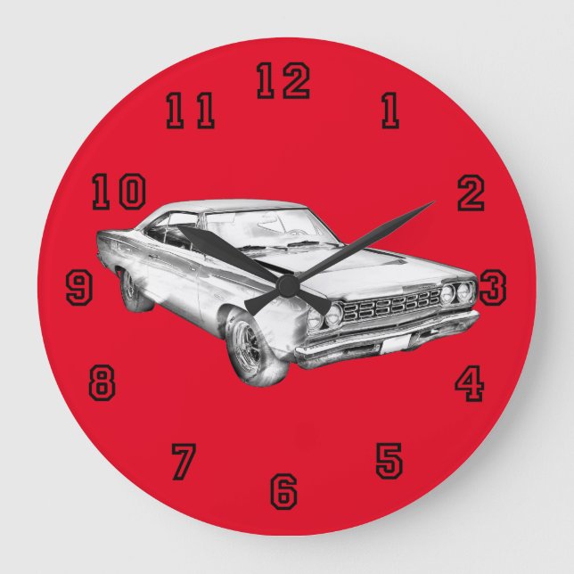 Grande Horloge Ronde 1968 Plymouth Roadrunner Muscle Car Illustration (Recto)