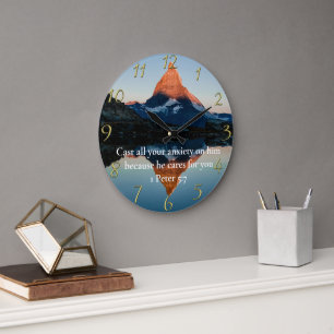 Grande Horloge Ronde 1 Pierre 5:7 Foi chrétienne moutain lac