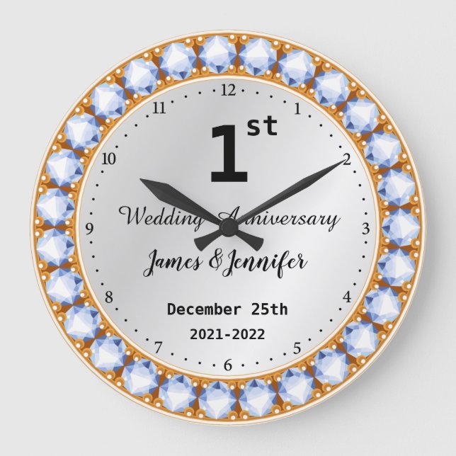 Grande Horloge Ronde 1er anniversaire Mariage diamant Noms personnalisé (Recto)