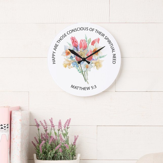 Grande Horloge Ronde 2026 JW Year Text Matthew 5v3 Spring Flowers (Créateur téléchargé)