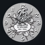 Grande Horloge Ronde 25e anniversaire d'argent bande dessinée Pop Art<br><div class="desc">Personnalisez-vous avec vos noms et les détails du 25e anniversaire. Un design cool,  tendance et amusant qui met,  encore plus,  wham,  zap,  pow dans une célébration spéciale anniversaire d'argent.</div>