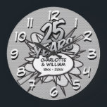 Grande Horloge Ronde 25e anniversaire d'argent bande dessinée Pop Art<br><div class="desc">Personnalisez-vous avec vos noms et les détails du 25e anniversaire. Un design cool,  tendance et amusant qui met,  encore plus,  wham,  zap,  pow dans une célébration spéciale anniversaire d'argent.</div>