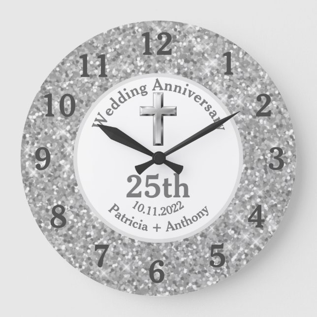 Grande Horloge Ronde 25e Anniversaire de Mariage Argent Religieux Paill (Recto)