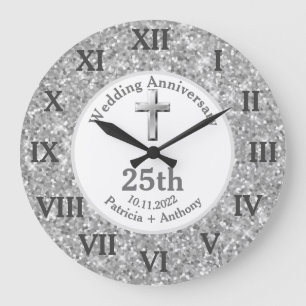 Grande Horloge Ronde 25e Anniversaire de Mariage Argent Religieux Paill