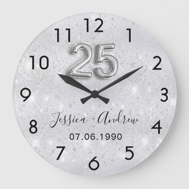 Grande Horloge Ronde 25e anniversaire de mariage paillettes argentées (Recto)