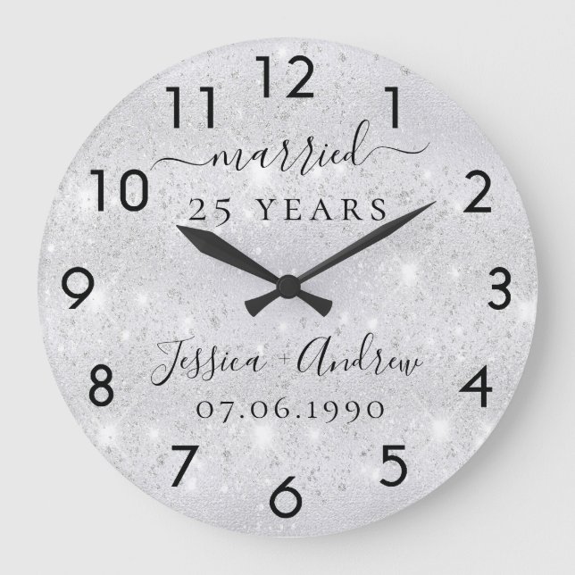 Grande Horloge Ronde 25e anniversaire de mariage paillettes d'argent (Recto)