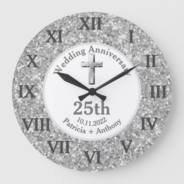 Grande Horloge Ronde 25e anniversaire de mariage religieux pailleté  (Recto)