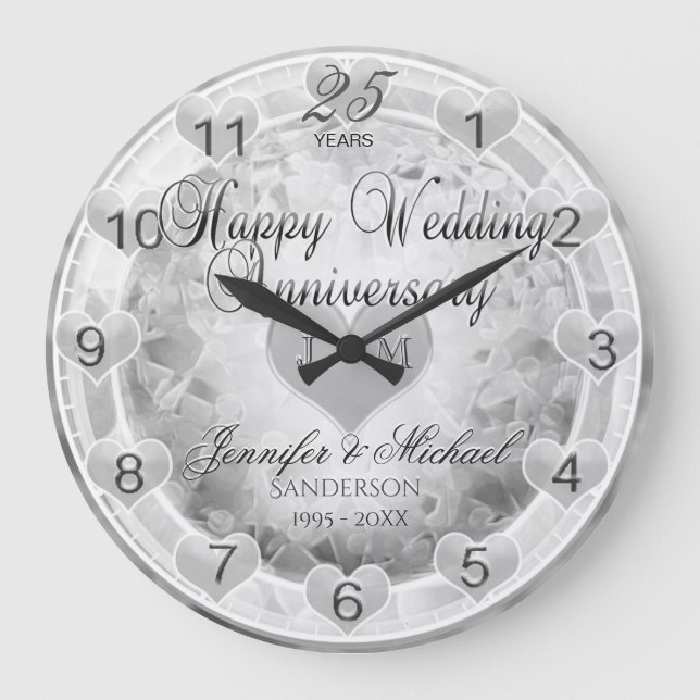 Grande Horloge Ronde 25e anniversaire Mariage d'argent Coeurs (Recto)