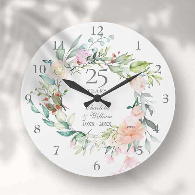 Grande Horloge Ronde 25e anniversaire Mariage d'argent Floral Rose (25th Silver Wedding Anniversary Roses Floral Large Clock)