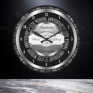 Grande Horloge Ronde 25e anniversaire Mariage élégant, noir et argent