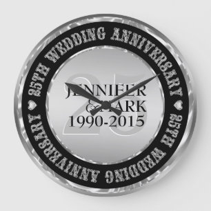 Grande Horloge Ronde 25E Anniversaire Mariage Métallique Argent Et Noir
