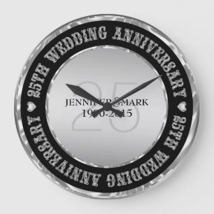 Grande Horloge Ronde 25E Anniversaire Mariage Métallique Argent Et Noir