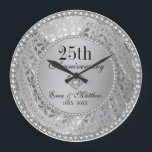 Grande Horloge Ronde 25e Wedding Anniversary<br><div class="desc">Elegant silver tones floral border with 2 hearts and a white diamond,  25th Wedding Anniversary. C'est l'or pour la 50e anniversaire. Diamonds are not réel</div>