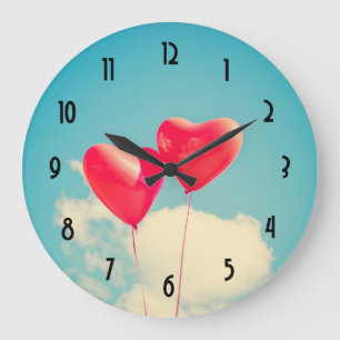 Grande Horloge Ronde 2 Ballons en forme de coeur rouge brillant flottan