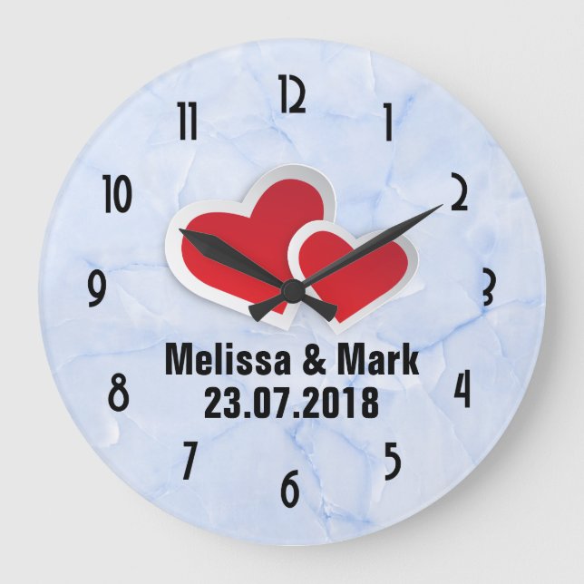 Grande Horloge Ronde 2 Coeurs en papier rouge sur Mariage en marbre ble (Recto)