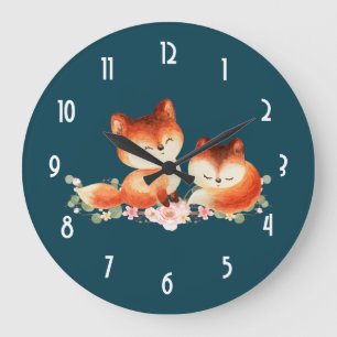 Grande Horloge Ronde 2 Cute Little Red Foxes Watercolor Design