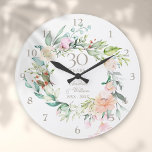 Grande Horloge Ronde 30 ans Roses Florales Anniversaire de Mariage perl<br><div class="desc">Caractérisée par une délicate guirlande florale à l'aquarelle,  cette horloge botanique chic pour 30 ans d'anniversaire de mariage peut être personnalisée avec vos détails spéciaux d'anniversaire perlé en typographie grise perle élégante. Conçue par Thisisnotme©</div>