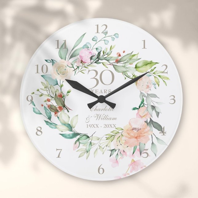 Grande Horloge Ronde 30 ans Roses Florales Anniversaire de Mariage perl (30th Pearl Wedding Anniversary Roses Floral Large Clock)