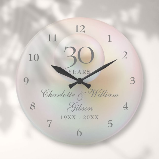Grande Horloge Ronde 30e anniversaire de mariage Élégante perle  (30th Wedding Anniversary Elegant Pearl Large Clock)