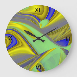Grande Horloge Ronde 3D Abstract in Gold Yellow Blue