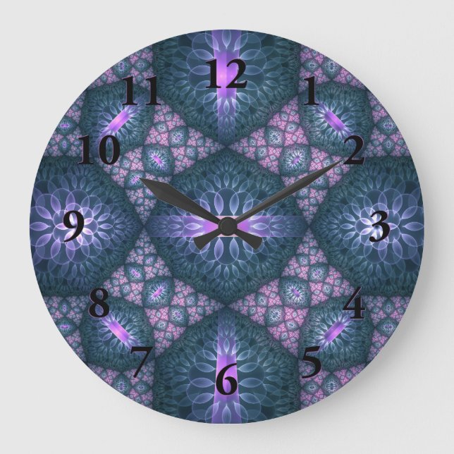 Grande Horloge Ronde 3D Fractal Art Pattern Turquoise Purple Pink (Recto)