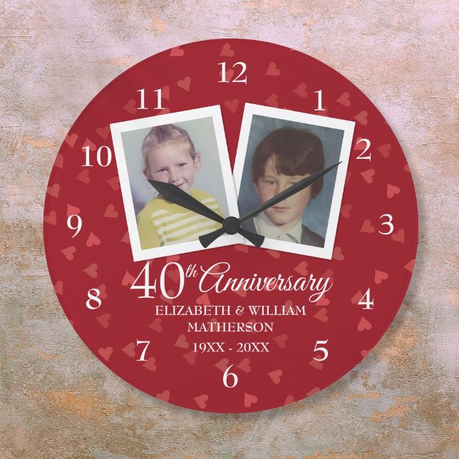 Grande Horloge Ronde 40e anniversaire de mariage de rubis Photos d'enfa (40th Ruby Wedding Anniversary Childhood Photos Large Clock)