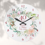 Grande Horloge Ronde 40e anniversaire de Mariage de Ruby Roses Floral<br><div class="desc">Doté d'une délicate guirlande florale d'aquarelle,  cette horloge botanique 40ème mariage peut être personnalisée avec vos détails spéciaux d'anniversaire de rubis mis en place dans une élégante typographie. Conçu par Thisisnotme©</div>