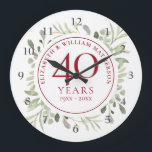 Grande Horloge Ronde 40e Ruby Wedding Anniversary Watercolor Leaves<br><div class="desc">Featuring delicate soft watercolor leaves,  this chic botanical 40th wedding anniversary design can design can be personalised with your special anniversary information in elegant ruby red text. Designed by Thisisnotme</div>