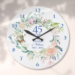 Grande Horloge Ronde 45e anniversaire du 65e Mariage Floral Rose<br><div class="desc">Doté d'une délicate guirlande florale d'aquarelle,  cette horloge mariage saphir botanique chic peut être personnalisée avec vos détails spéciaux d'anniversaire mis dans une typographie élégante. Conçu par Thisisnotme©</div>