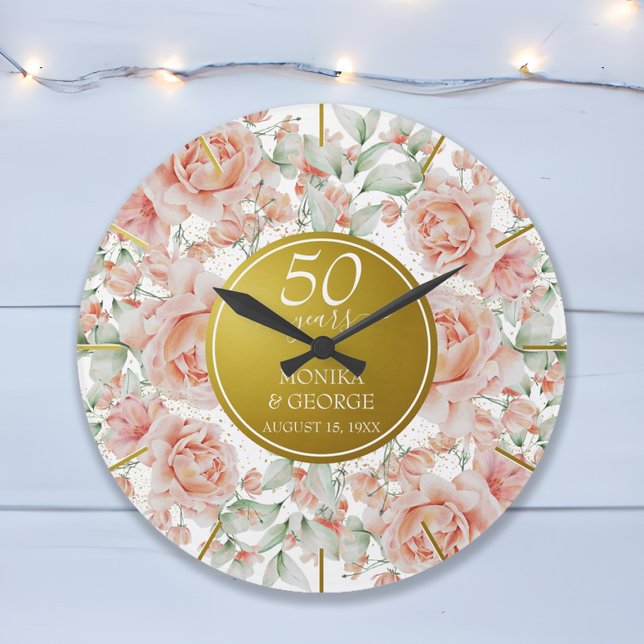 Grande Horloge Ronde 50e anniversaire de mariage aquarelle floral or (50th Wedding Anniversary Watercolor Floral Gold Large Clock)