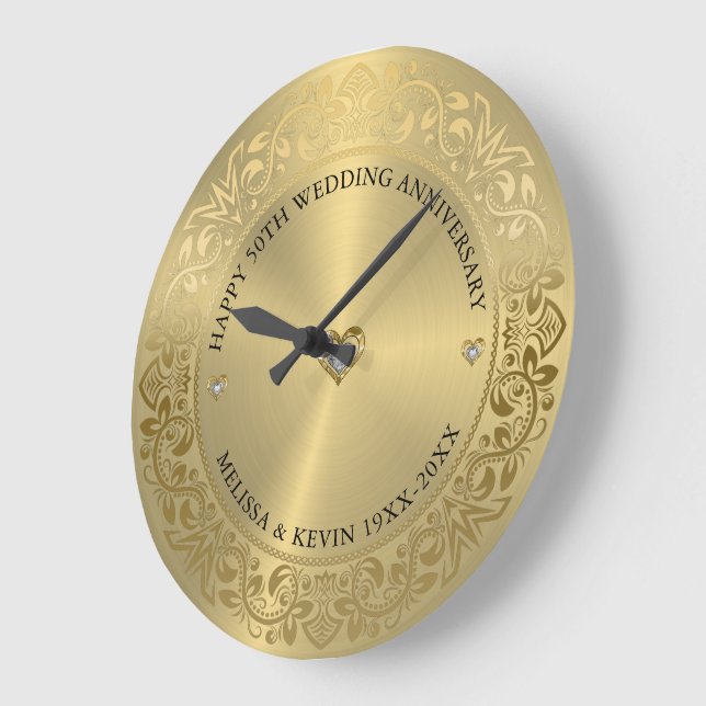 Grande Horloge Ronde 50e anniversaire de Mariage Gold Floral Frame (Angle)