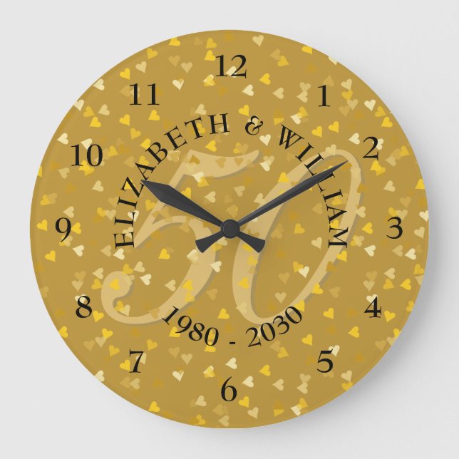Grande Horloge Ronde 50e anniversaire de Mariage Gold Hearts Confetti (Recto)
