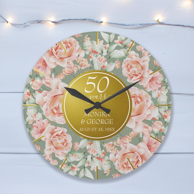 Grande Horloge Ronde 50e anniversaire du Mariage Aquarelle or floral (50th Wedding Anniversary Watercolor Floral Gold Large Clock)