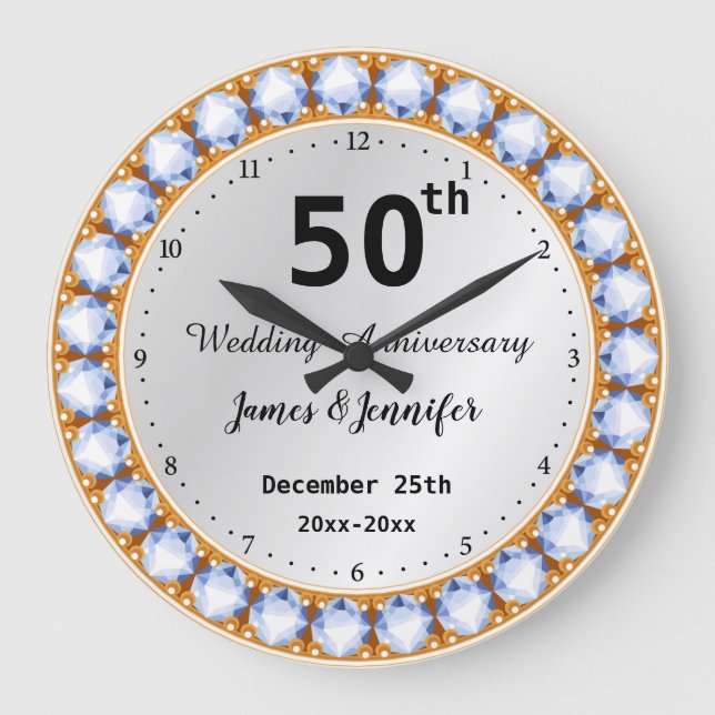Grande Horloge Ronde 50e anniversaire du Mariage diamant Noms personnal (Recto)