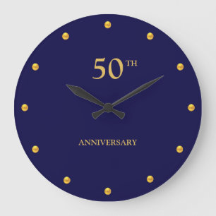 Grande Horloge Ronde 50e anniversaire et points dorés sur fond bleu mar