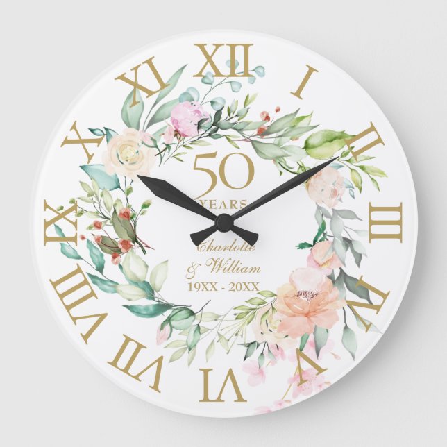 Grande Horloge Ronde 50e anniversaire Mariage d'or Rose Floral (Recto)