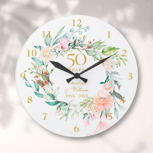 Grande Horloge Ronde 50e anniversaire Mariage d'or Rose Floral