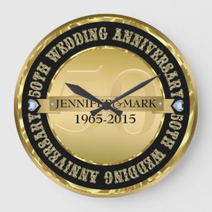 Grande Horloge Ronde 50E Anniversaire Mariage Métallic Or & Noir