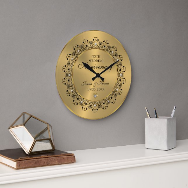 Grande Horloge Ronde 50ème anniversaire du Mariage BlackMandala sur l'o (Bureau)
