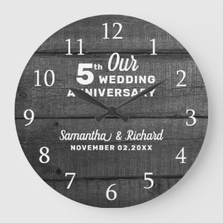 Grande Horloge Ronde 5e anniversaire Mariage Bois noir et blanc