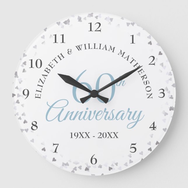 Grande Horloge Ronde 60e Anniversaire Amour Coeurs Confetti (Recto)