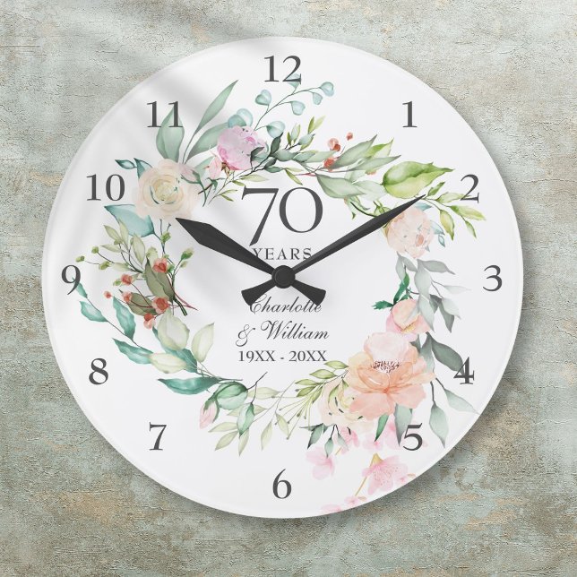 Grande Horloge Ronde 70e anniversaire de Mariage Floral Rose (70th Wedding Anniversary Roses Floral Large Clock)