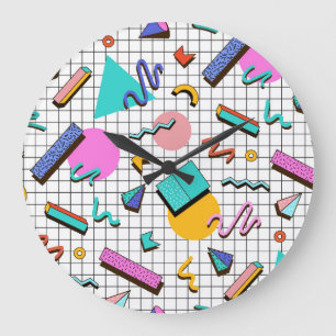 Grande Horloge Ronde 80s À damiers lumineux : Vintage Géométrique.