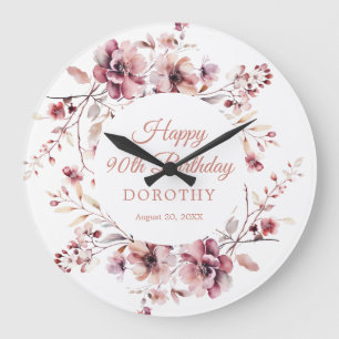 Grande Horloge Ronde 90e anniversaire personnalisé Bourgogne rose flora