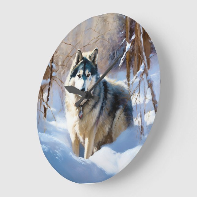 Grande Horloge Ronde Aaskan Malamute Laisser Il Neige Noël (Angle)