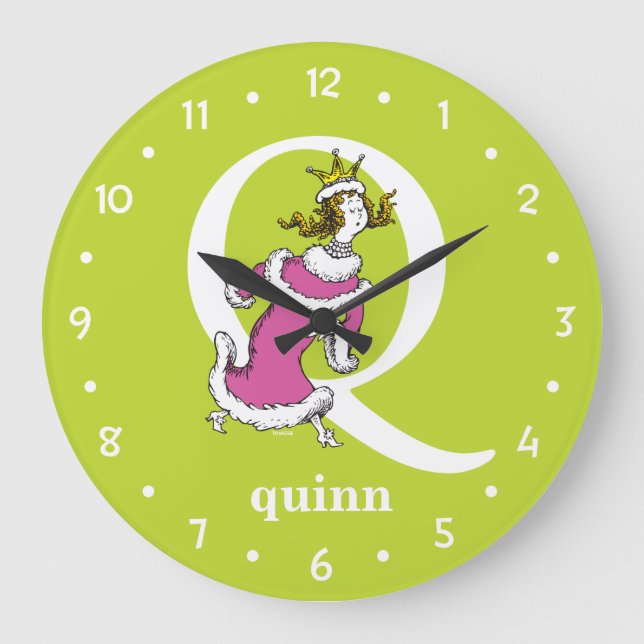 Grande Horloge Ronde ABC du Dr Seuss : Lettre Q - Blanc | Ajouter Votre (Recto)