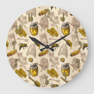 Grande Horloge Ronde Abeille à miel Rucher Jaune Doré Vintage Bio