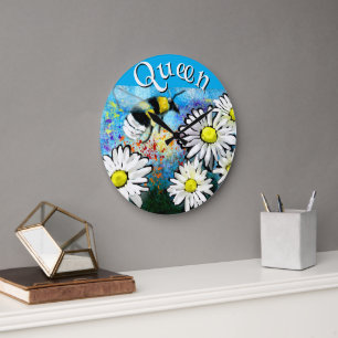 Grande Horloge Ronde Abeille Bourdon Fantaisiste dans les Pâquerettes P
