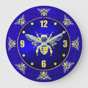 Grande Horloge Ronde Abeille de miel dans l'or et le bleu