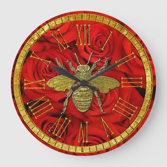 Grande Horloge Ronde Abeille de miel dans l'or et les roses rouges (Recto)